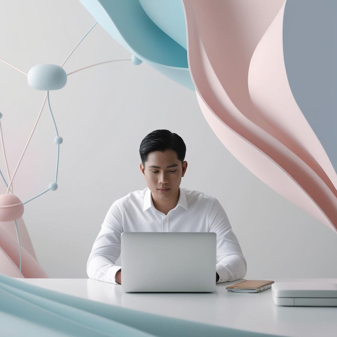 Show a focused Filipino professional working calmly on a laptop in a tidy, minimal workspace. The background includes soft-flowing abstract lines or nodes to represent automation and systems integration (1)